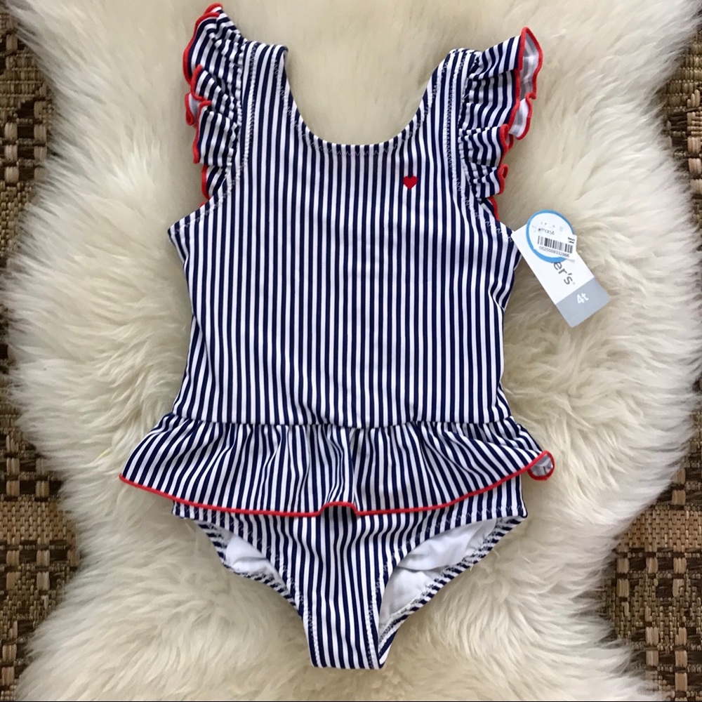 NWT Carter’s Bathing Suit Stripes Ruffle Heart ❤️